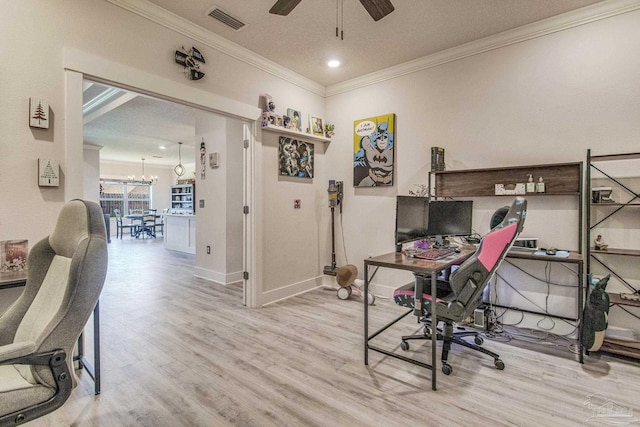 office featuring ceiling fan with notable chandelier, light hardwood / wood-style floors, ornamental molding, and a textured ceiling