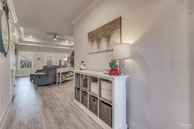 corridor with light hardwood / wood-style floors, a raised ceiling, and ornamental molding