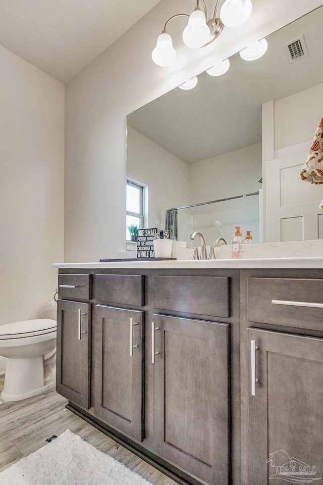 bathroom featuring hardwood / wood-style floors, vanity, and toilet