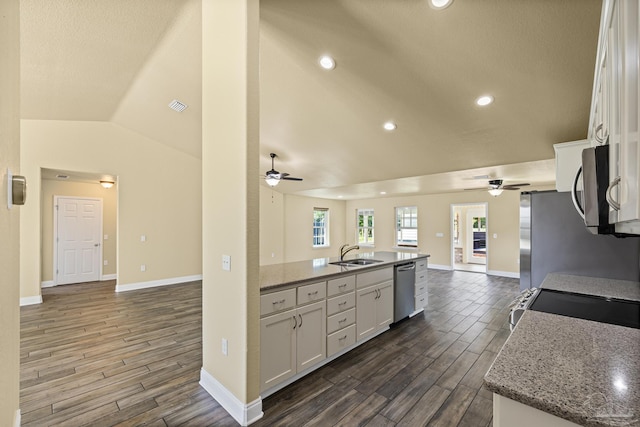 8114 Silver Maple Dr, Milton, FL 32583 - kitchen with a ceiling fan, open floor plan, vaulted ceiling, appliances with stainless steel finishes, and recessed lighting