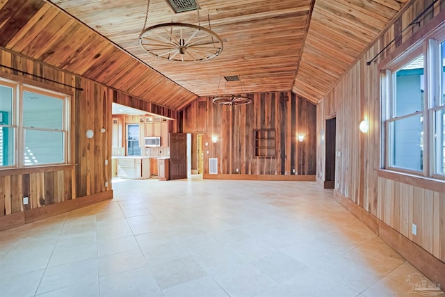 unfurnished living room featuring lofted ceiling, wood ceiling, visible vents, and wooden walls