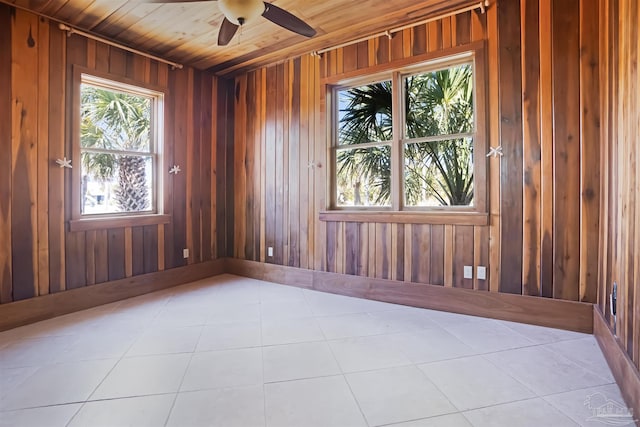 unfurnished room with a wealth of natural light, wooden ceiling, and wood walls