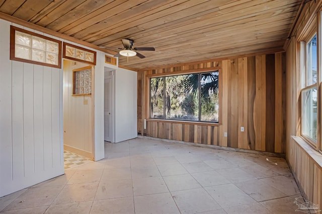 spare room featuring ceiling fan, wood walls, and wooden ceiling