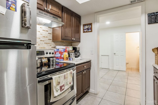 8140 Lillian Hwy, Pensacola, FL 32506 - kitchen featuring appliances with stainless steel finishes, under cabinet range hood, light tile patterned floors, tasteful backsplash, and dark brown cabinets