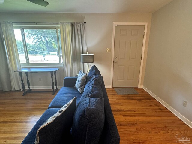 living room featuring ceiling fan and hardwood / wood-style floors