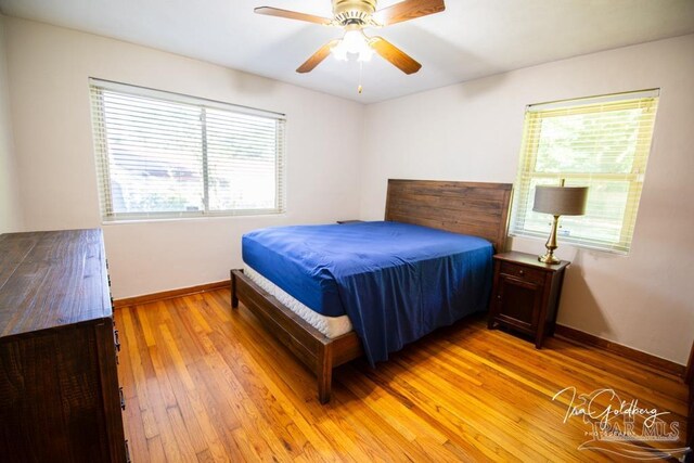 bedroom with ceiling fan and light hardwood / wood-style flooring