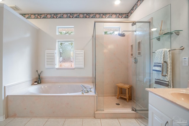 bathroom with vanity, separate shower and tub, and tile patterned floors