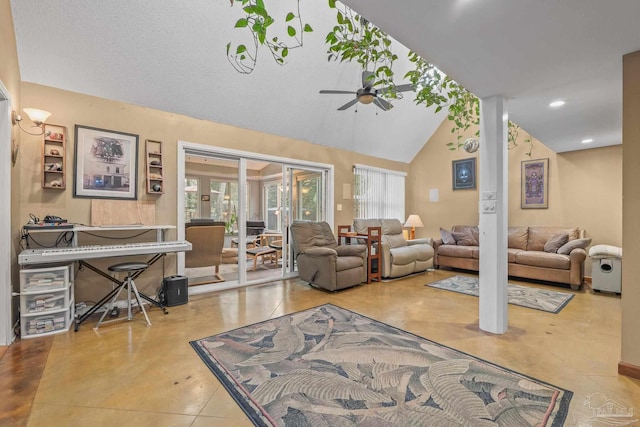 living room featuring lofted ceiling and ceiling fan