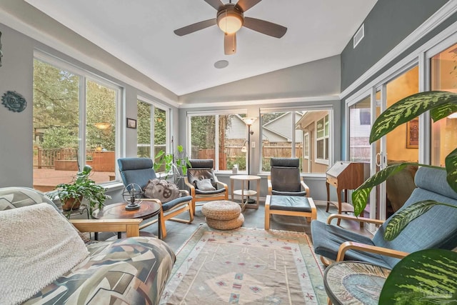 sunroom with vaulted ceiling and ceiling fan