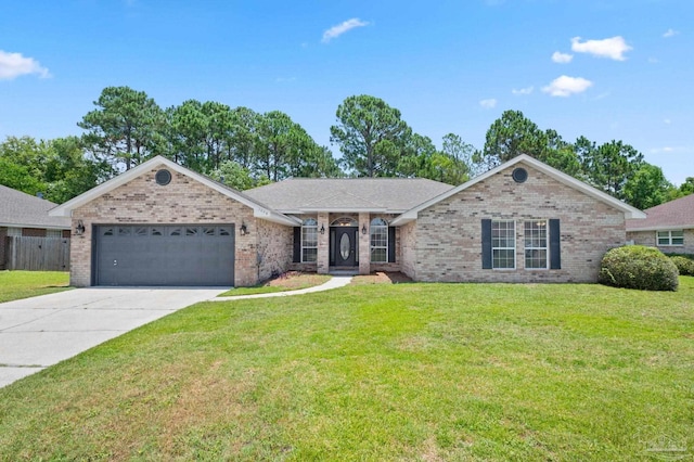 single story home featuring a garage, brick siding, fence, concrete driveway, and a front lawn