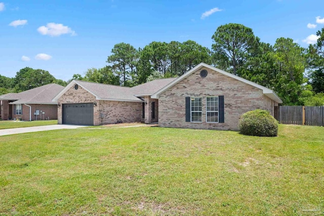 ranch-style home featuring brick siding, an attached garage, fence, driveway, and a front lawn