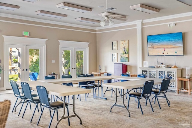 dining space featuring french doors, crown molding, and ceiling fan