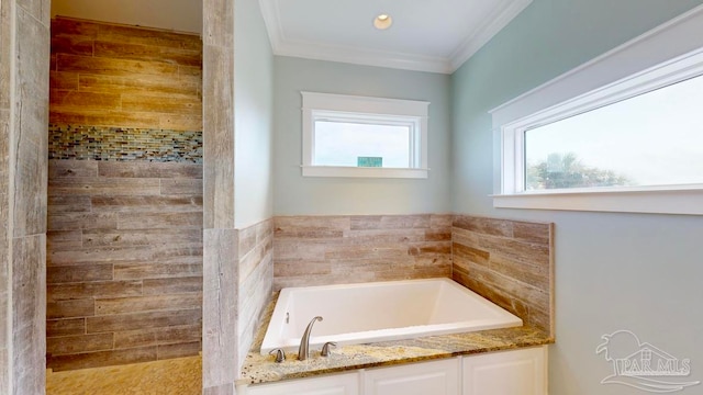 bathroom with a bathtub, a healthy amount of sunlight, and ornamental molding