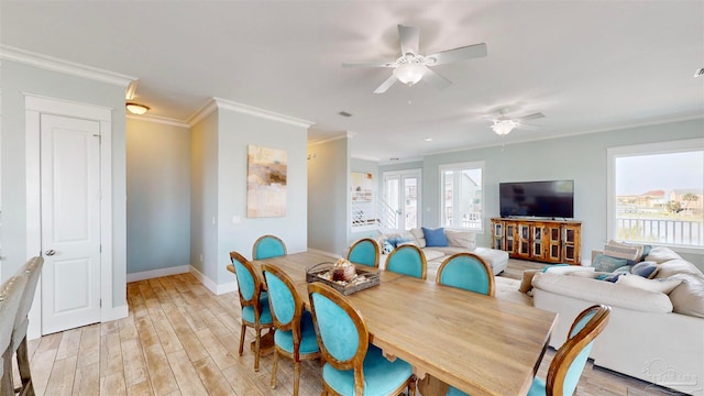 dining area featuring ceiling fan, light hardwood / wood-style floors, and crown molding