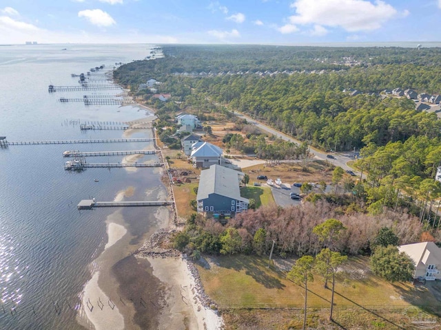 bird's eye view with a water view and a wooded view