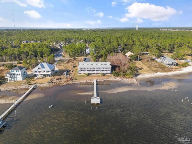 birds eye view of property featuring a water view and a forest view