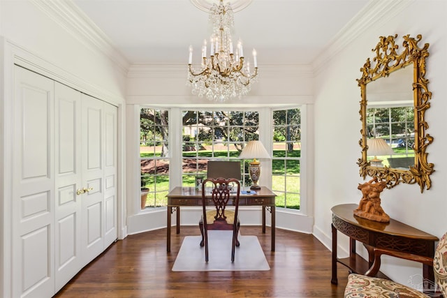 office space featuring ornamental molding, dark hardwood / wood-style flooring, and a chandelier