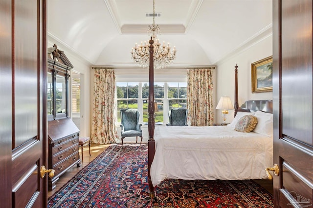 bedroom featuring multiple windows, a notable chandelier, crown molding, and dark hardwood / wood-style flooring