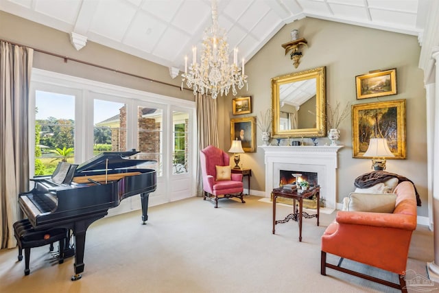 living area featuring an inviting chandelier, plenty of natural light, carpet flooring, and vaulted ceiling