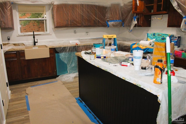 kitchen featuring dark brown cabinets, sink, and light hardwood / wood-style flooring