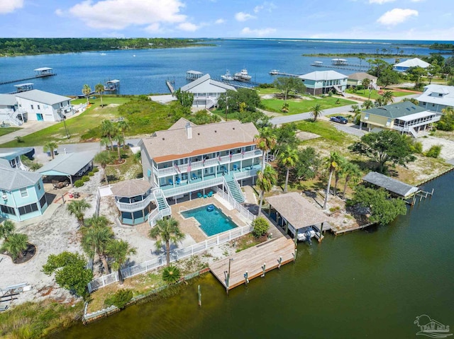 aerial view featuring a water view