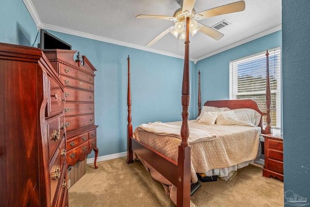 bedroom with visible vents, ceiling fan, carpet, a textured ceiling, and crown molding