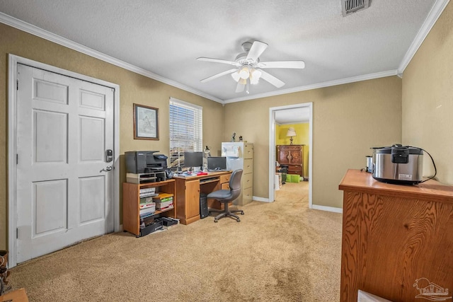 office space with a textured ceiling, light carpet, a ceiling fan, visible vents, and crown molding