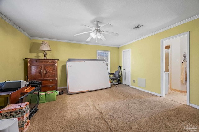 interior space with ornamental molding, carpet, visible vents, and baseboards