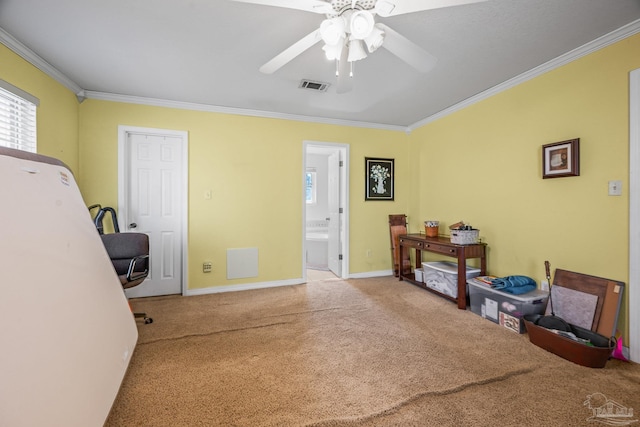 interior space with baseboards, visible vents, carpet flooring, and ornamental molding