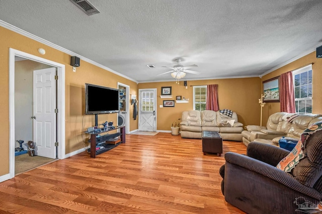 living room featuring light wood-style floors, ornamental molding, and a textured ceiling