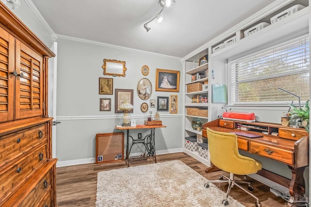 office with dark hardwood / wood-style flooring and crown molding