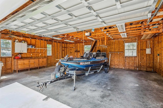 garage with wood walls