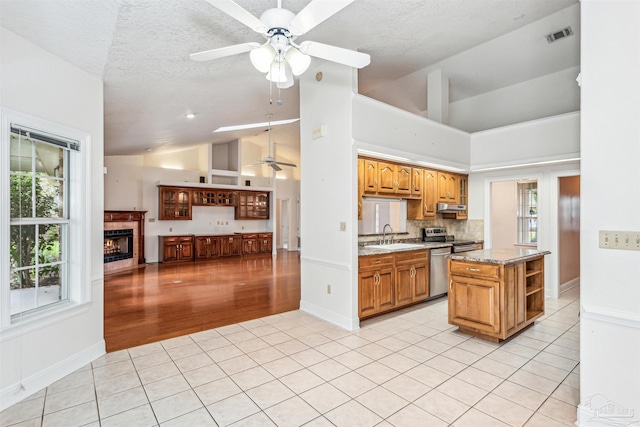 kitchen with ceiling fan, appliances with stainless steel finishes, plenty of natural light, and a kitchen island