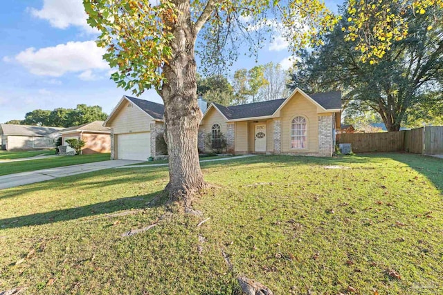 ranch-style house featuring a front lawn and a garage