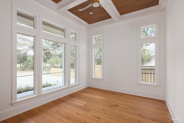 interior space featuring light wood-type flooring, baseboards, and coffered ceiling