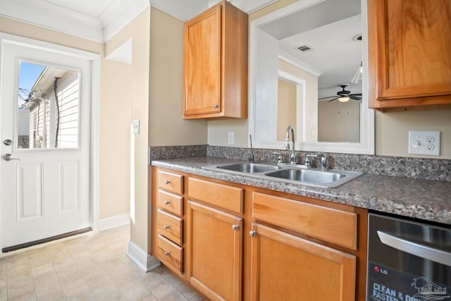 kitchen with ceiling fan, dishwasher, sink, and ornamental molding