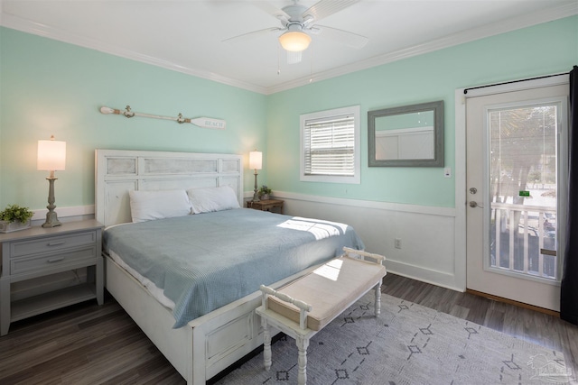 bedroom with wood finished floors, crown molding, access to outside, and a ceiling fan