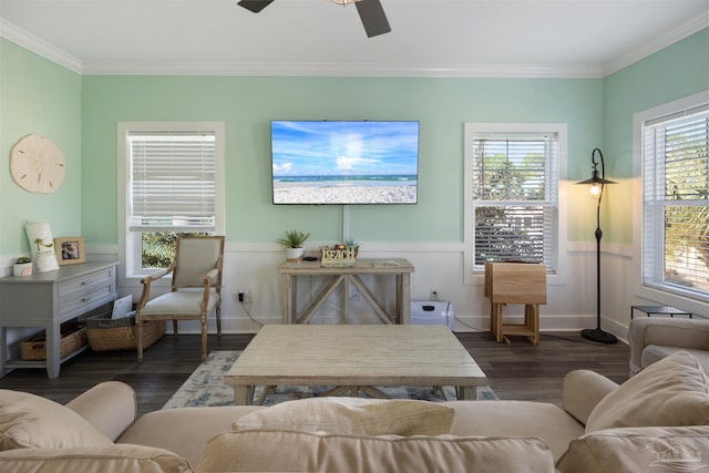 living room with ornamental molding, a ceiling fan, wood finished floors, wainscoting, and baseboards