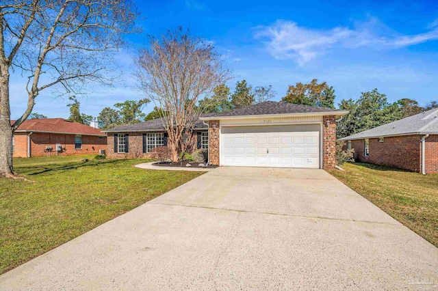 single story home featuring brick siding, concrete driveway, and a front lawn