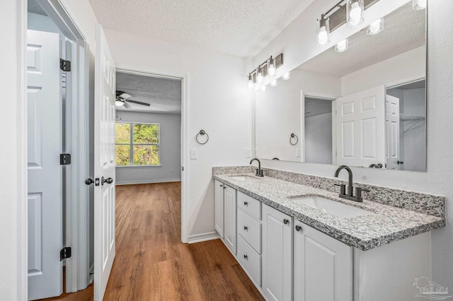 full bathroom featuring double vanity, wood finished floors, a textured ceiling, and a sink