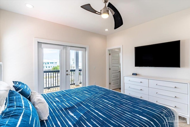 8169 White Sands Blvd, Navarre Beach, FL 32566 - bedroom with access to exterior, french doors, a ceiling fan, and recessed lighting