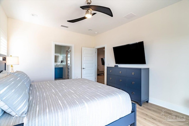 8169 White Sands Blvd, Navarre Beach, FL 32566 - bedroom with light wood-style flooring, a ceiling fan, ensuite bathroom, and baseboards