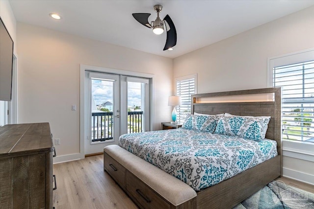 8169 White Sands Blvd, Navarre Beach, FL 32566 - bedroom featuring access to outside, light wood-style flooring, baseboards, a ceiling fan, and recessed lighting