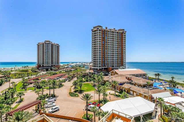 birds eye view of property featuring a water view