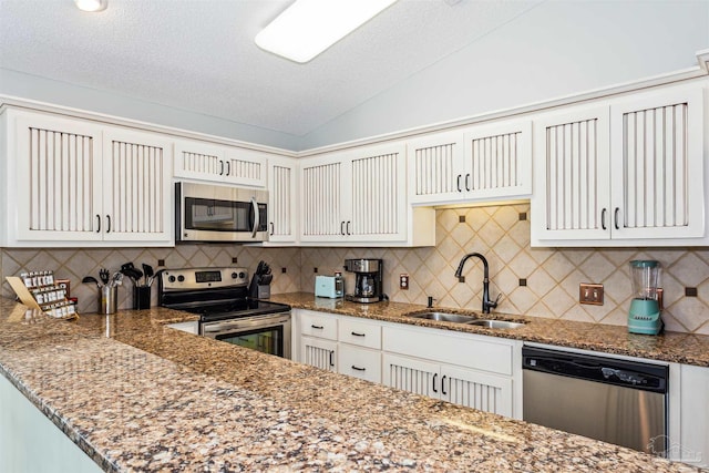 kitchen with sink, lofted ceiling, stainless steel appliances, and tasteful backsplash