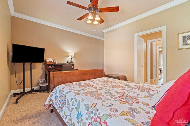 bedroom with ceiling fan, crown molding, and light carpet