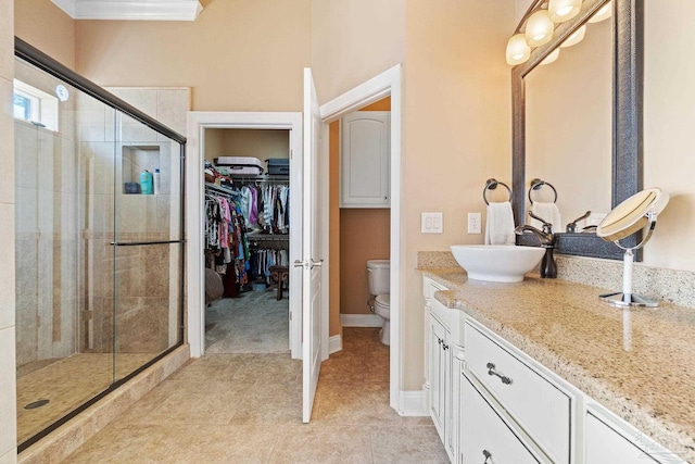 bathroom featuring vanity, tile patterned flooring, toilet, and a shower with door