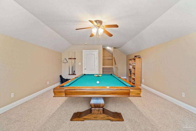 game room with carpet flooring, vaulted ceiling, ceiling fan, and billiards