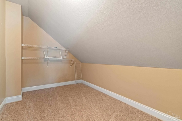 spacious closet with carpet floors and lofted ceiling