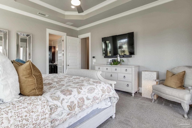2420 Meeting St, Cantonment, FL 32533 - carpeted bedroom featuring crown molding, visible vents, ceiling fan, and a raised ceiling